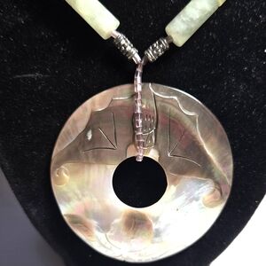 Mother of Pearl Pendant Necklace with Green Stone Beads